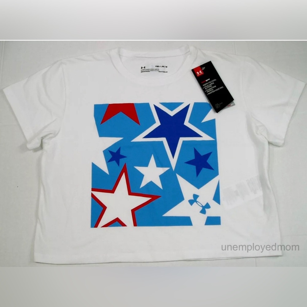 Girls Crop Top Under Armour Tee Youth Athletic Sport Shirt Patriotic Red Blue XL